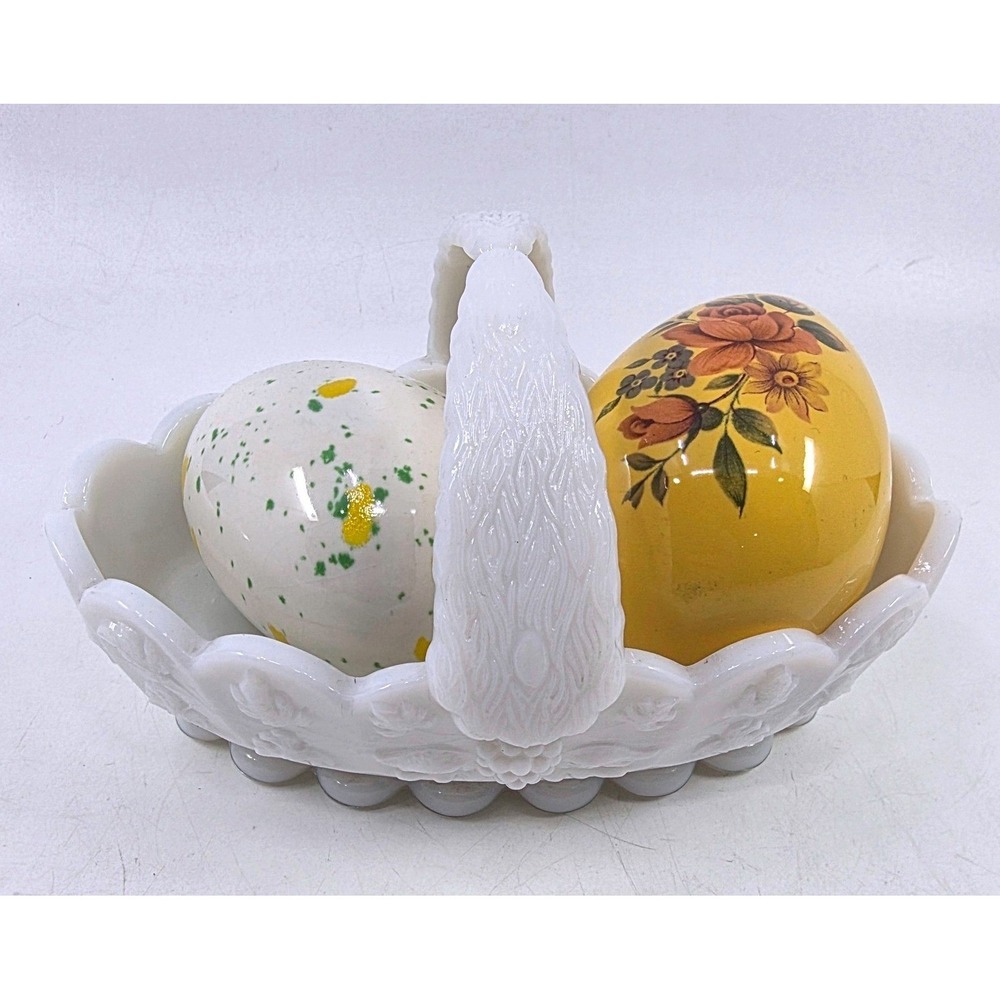 Vintage Milk Glass Grape Basket with 2 Ceramic Easter Eggs Floral Speckled Decor